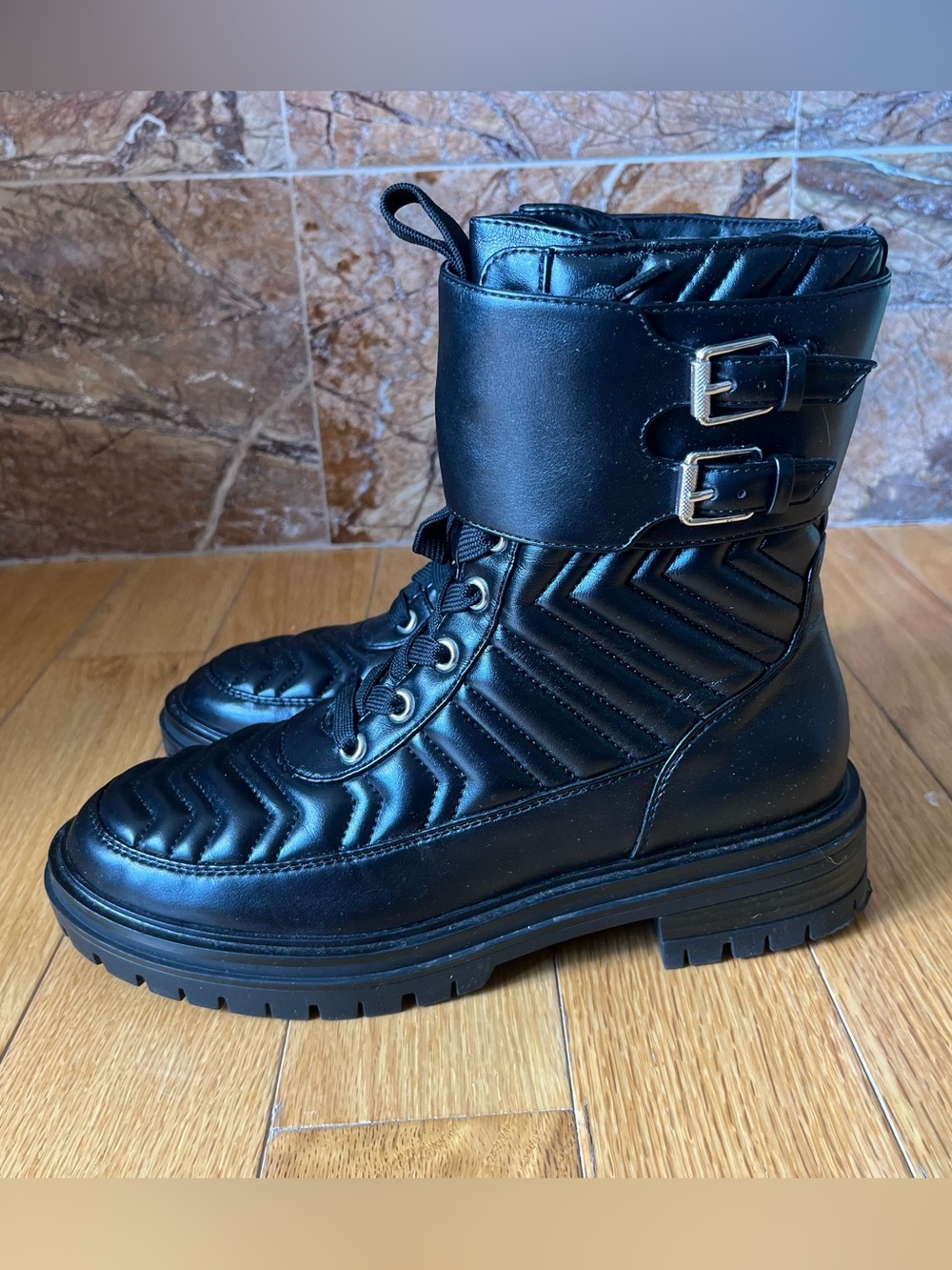Nine West Black Quilted Lace-Up Moto Boots with Buckles